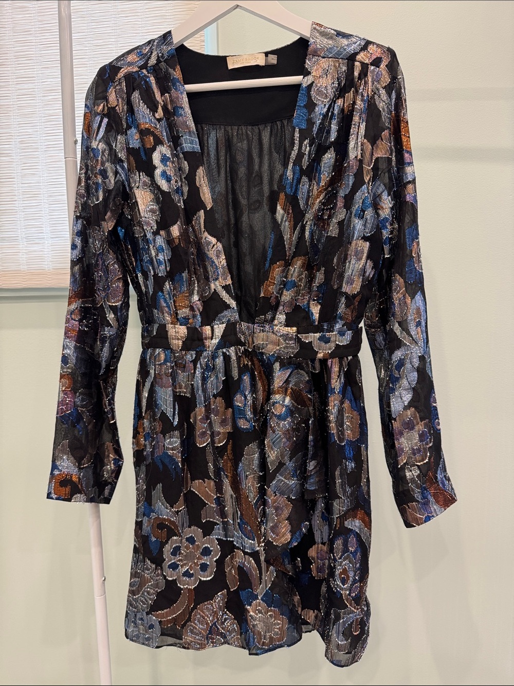 Ramy Brook Shaina Metallic Jacquard Floral Plunge Mini Dress 4 Like New
